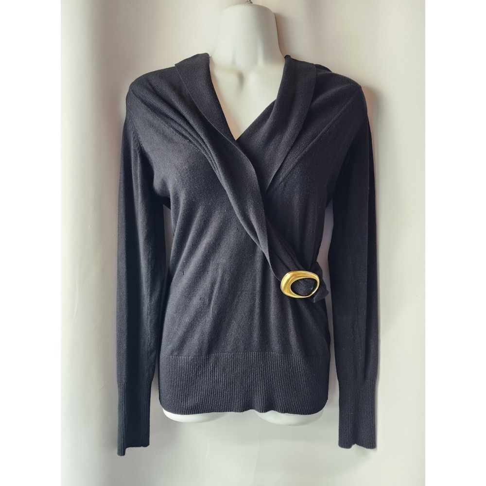 WOMENS CACHE CUTOUT CRISSCROSS SWEATER BLACK WITH‎ BUCKLE Y2K 90S GLAM BLACK